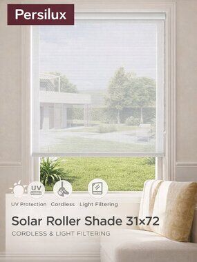 Persilux Solar Roller Shade 31x72 White Cordless Light Filtering UV Protection